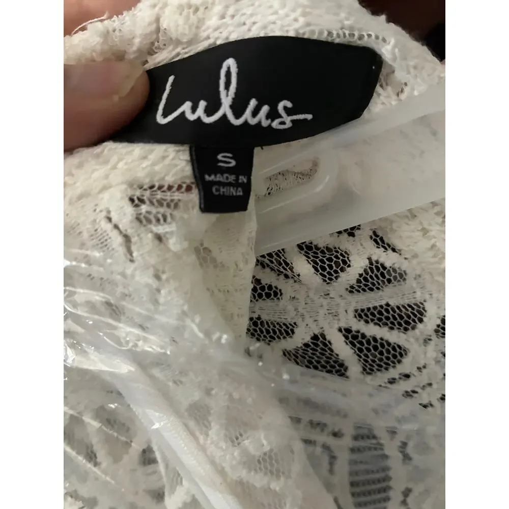 Lulus White/Off-White Lace Maxi Bridal Wedding Dress High Neck Long Sleeve Small - Picture 4 of 14